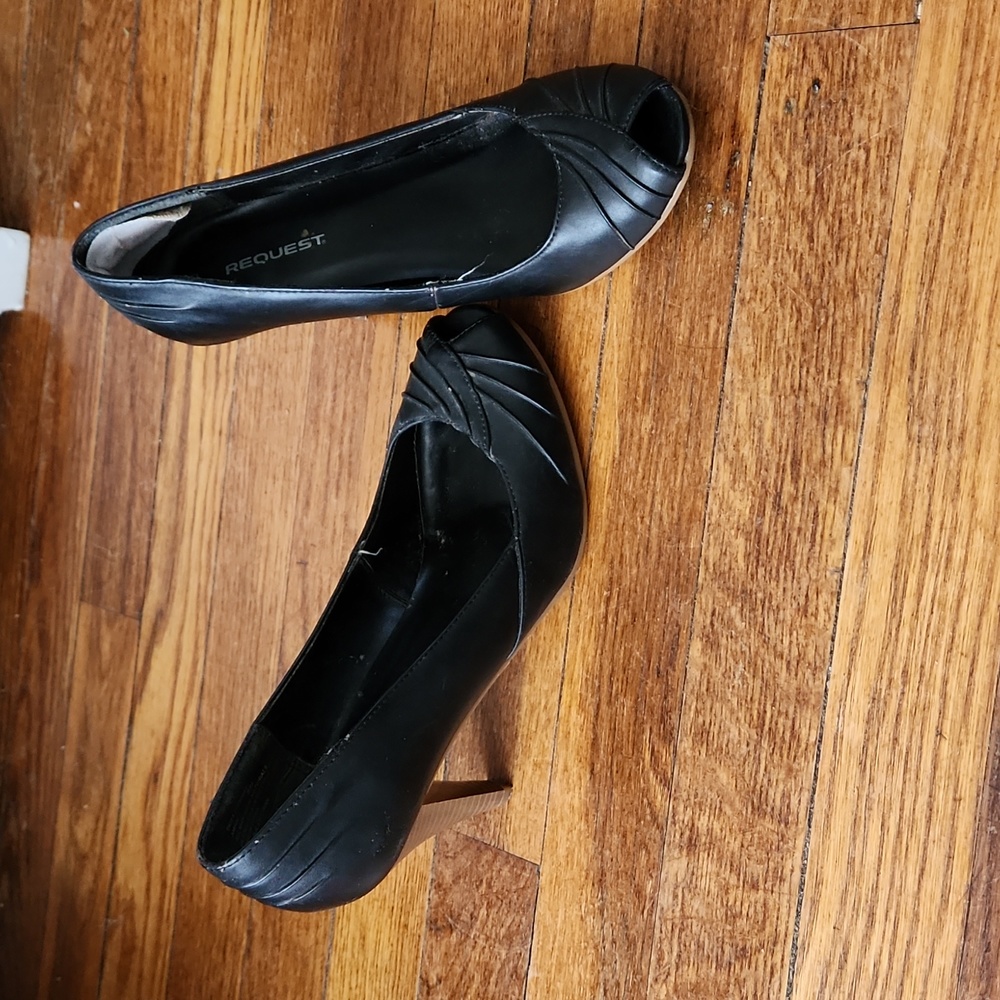 Request black peep toe stacked wood heels